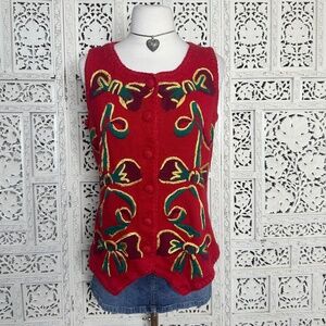 Vtg Express Tricot Red Bow Holiday Christmas Button Up Granny Sweater Vest Sz M
